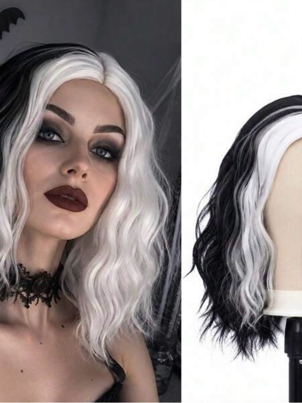 Cruella Inspired Black White Wig Long Wavy Halloween Costume